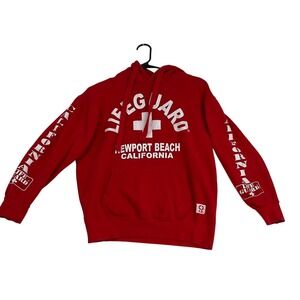 Lifeguard Newport Beach California Hoodie Red Pullover Sweatshirt Small Mens
